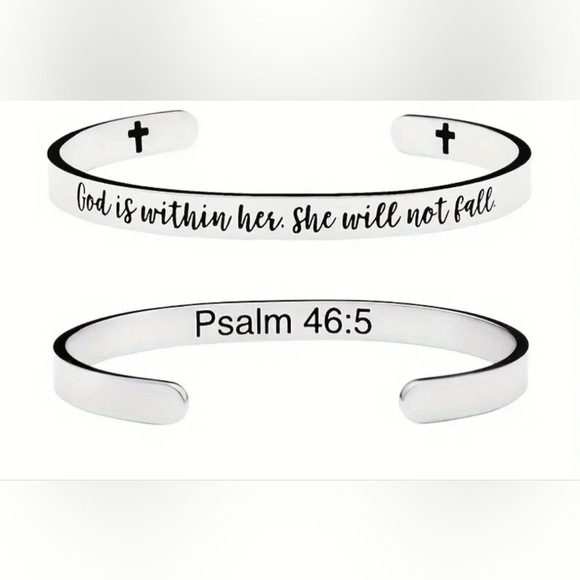 NEW Silver Cuff Bracelet "God is within her She will not fall" Psalms 46;5 - Picture 1 of 3